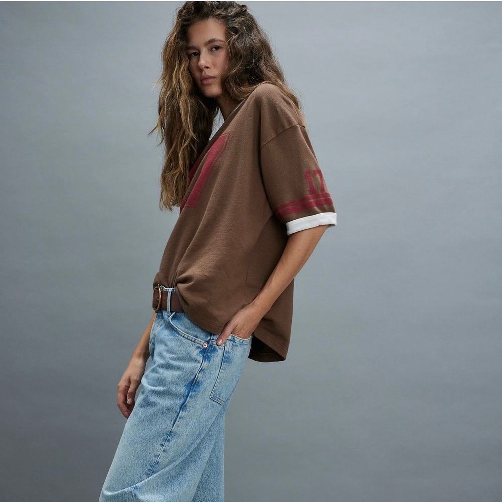 Free People Brown and Red Short Sleeve Tee